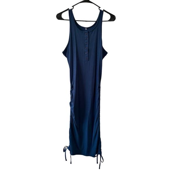 Boutique Women’s Navy Blue Ribbed Ruched Self Tie Sides Tank Dress Size Medium - Picture 1 of 9